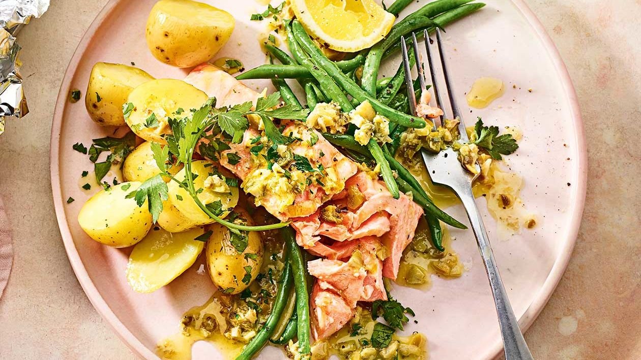 Spring Salmon with Creamed Leeks, Potatoes, and Asparagus